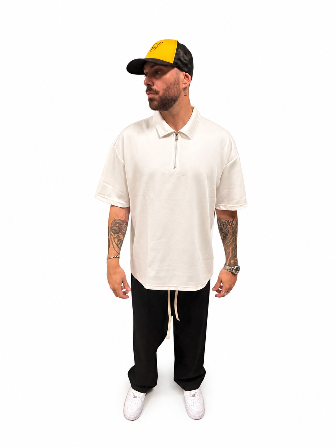 Polo Oversize Bianca/Beige/Nera 1/2 Zip Uomo | Stile Casual Streetwear | IMPERSONAL
