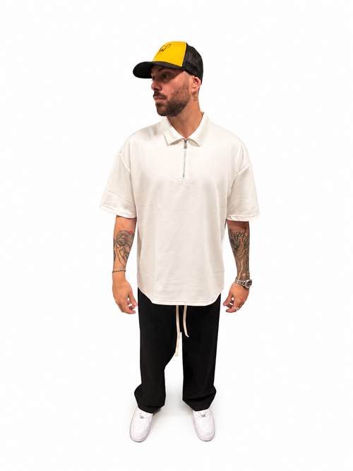 Men's Oversize White/Beige/Black 1/2 Zip Polo Shirt | Casual Streetwear Style | IMPERSONAL