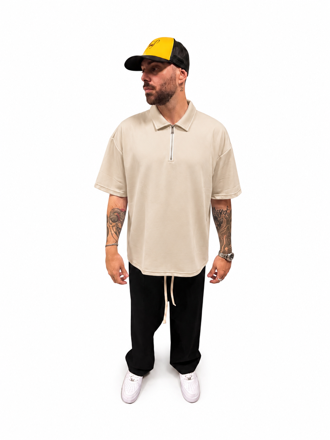 Polo Oversize Bianca/Beige/Nera 1/2 Zip Uomo | Stile Casual Streetwear | IMPERSONAL